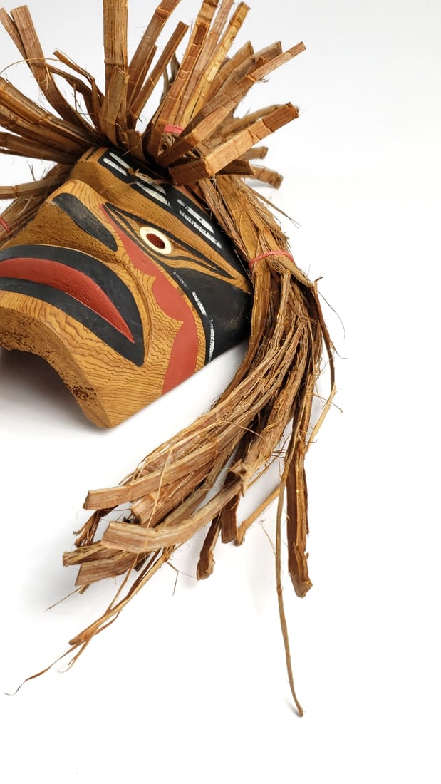 Indigenous Makah Wooden Mask with Natural Wood Fiber Hair and Painted Design - 4