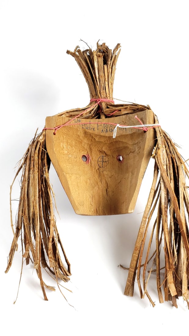 Indigenous Makah Wooden Mask with Natural Wood Fiber Hair and Painted Design - 5