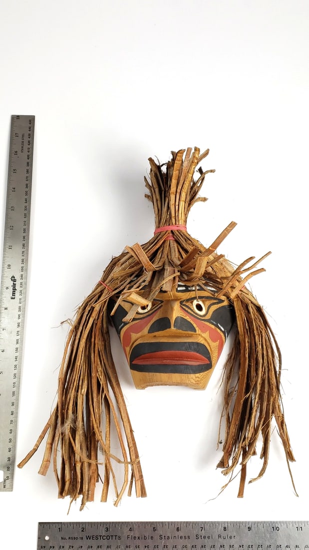 Indigenous Makah Wooden Mask with Natural Wood Fiber Hair and Painted Design - 7