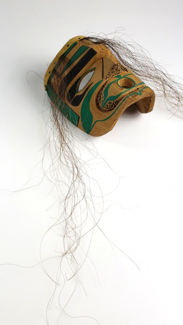 Vintage Makah Handcrafted Wooden Tribal Mask with Green and Black Design - 2