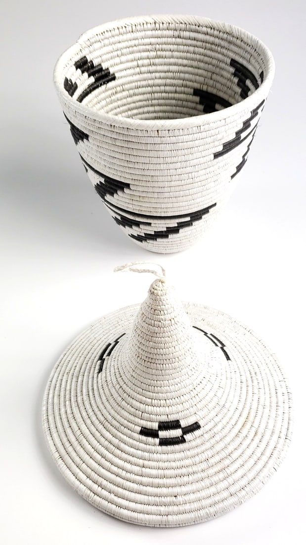 Handwoven White and Black Patterned Basket with Lid 12" Tall - 2