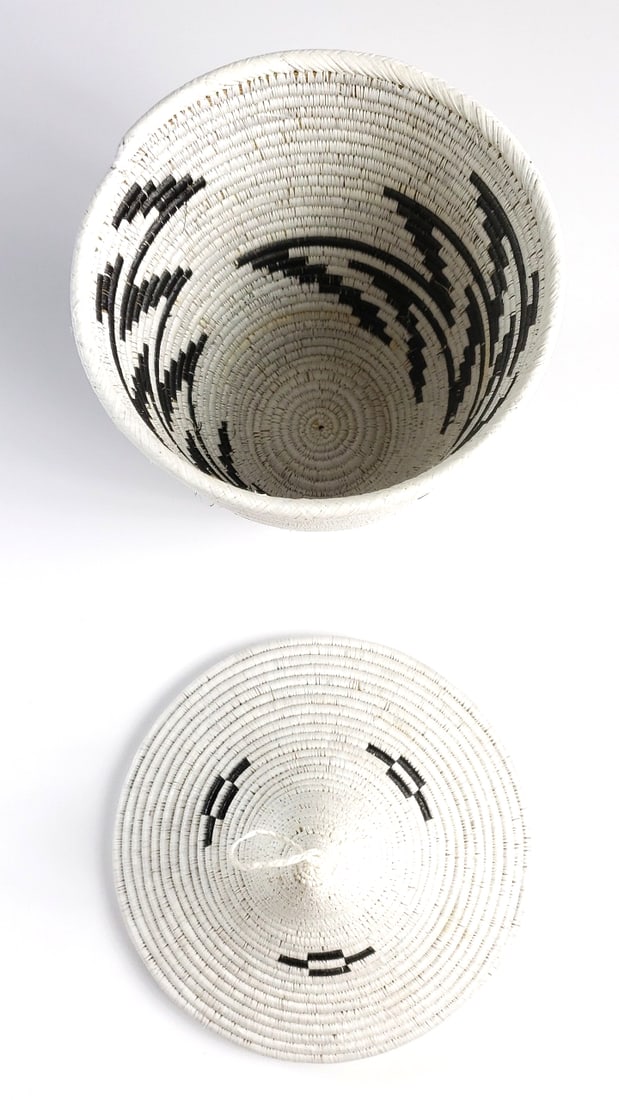 Handwoven White and Black Patterned Basket with Lid 12" Tall - 3