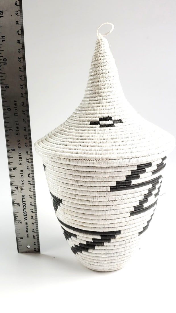 Handwoven White and Black Patterned Basket with Lid 12" Tall - 5