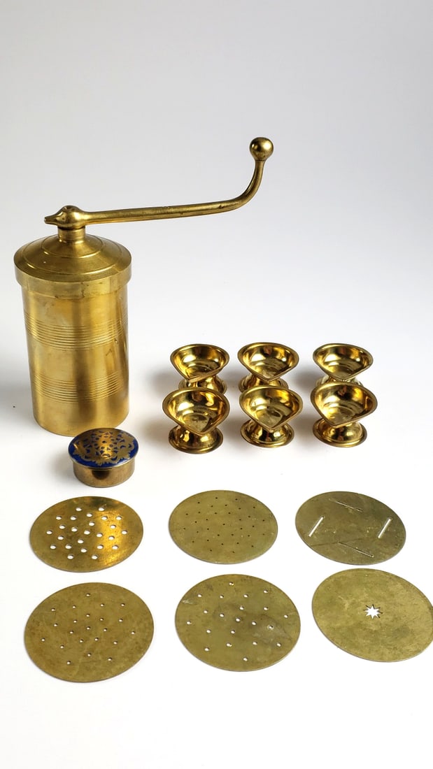 Traditional Sev Sancha Brass Kitchen Press Set with Discs and Bowls: Great Height: 6 Low Estimate: 15 High Estimate: 50 Width: 6