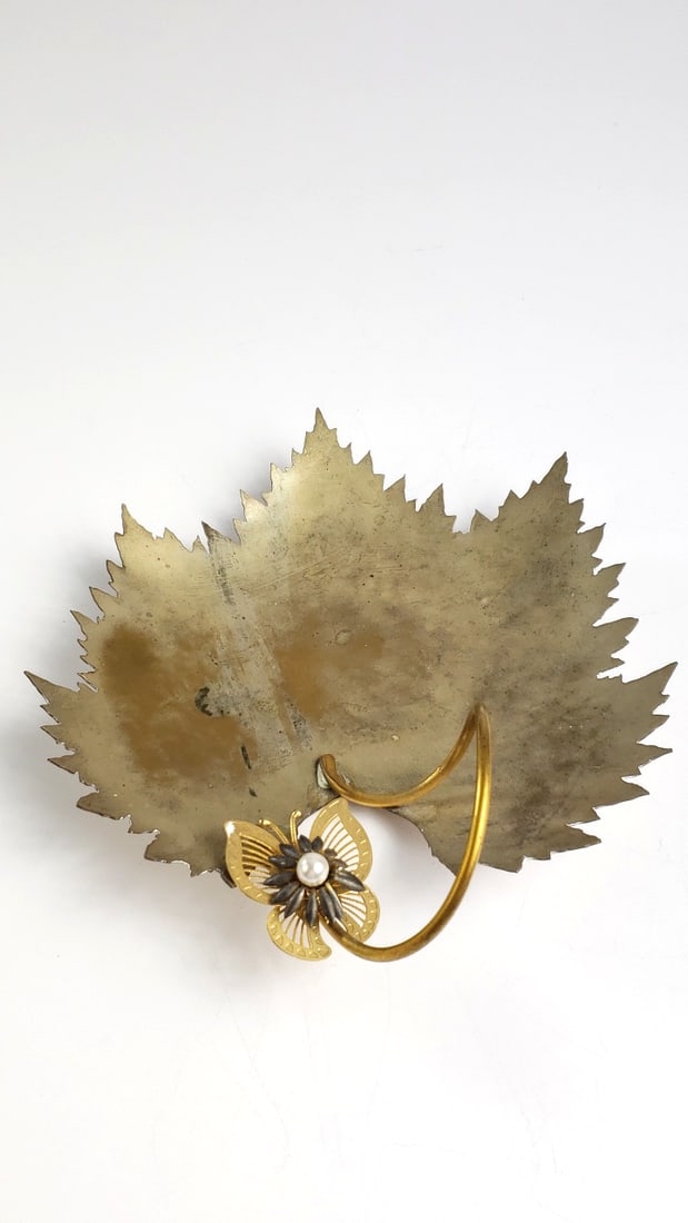 Vintage Metal Leaf-Shaped Dish with Gold Handle and Flower Accent - Sharp - 2