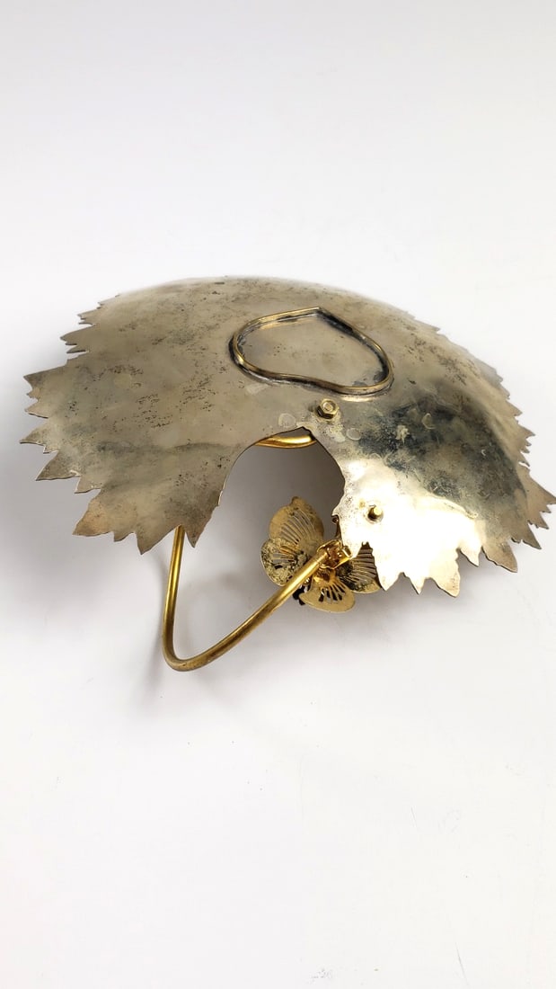Vintage Metal Leaf-Shaped Dish with Gold Handle and Flower Accent - Sharp - 3