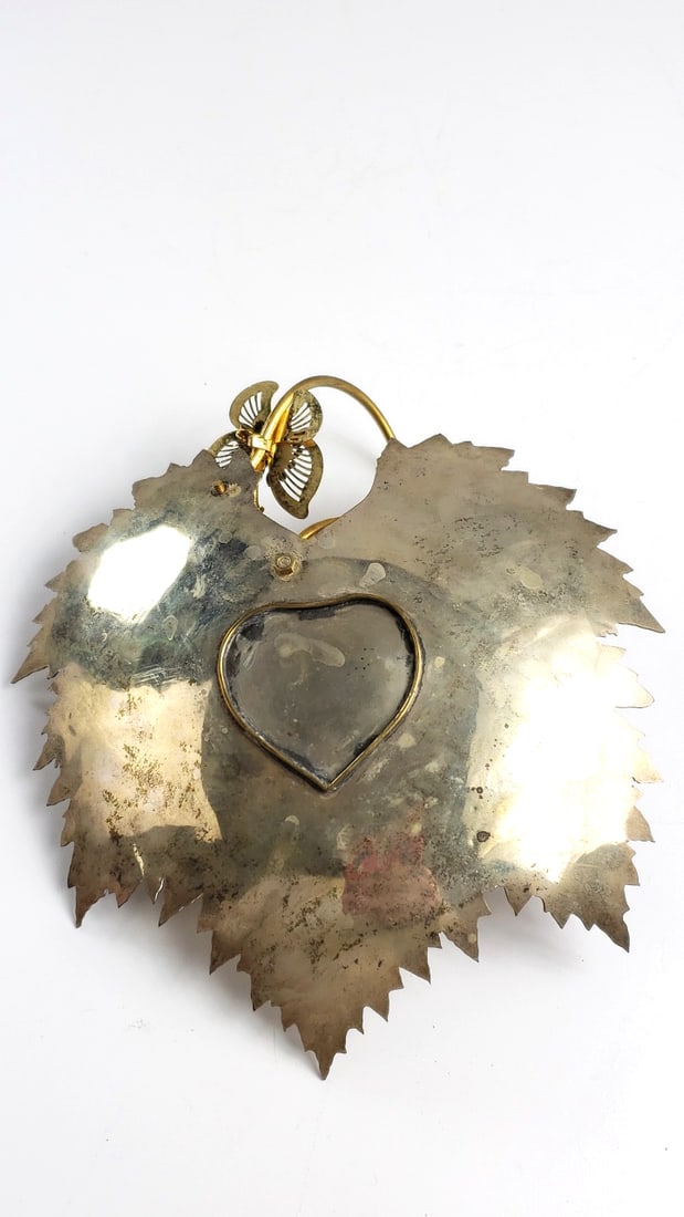 Vintage Metal Leaf-Shaped Dish with Gold Handle and Flower Accent - Sharp - 4