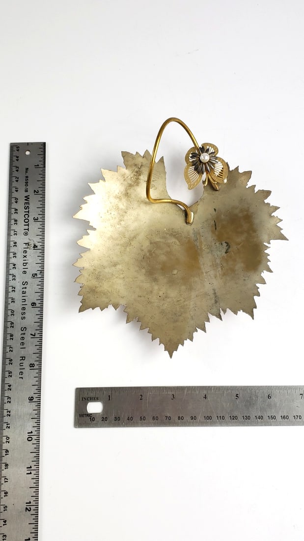 Vintage Metal Leaf-Shaped Dish with Gold Handle and Flower Accent - Sharp - 5