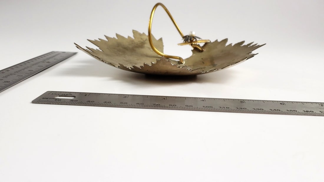 Vintage Metal Leaf-Shaped Dish with Gold Handle and Flower Accent - Sharp - 6
