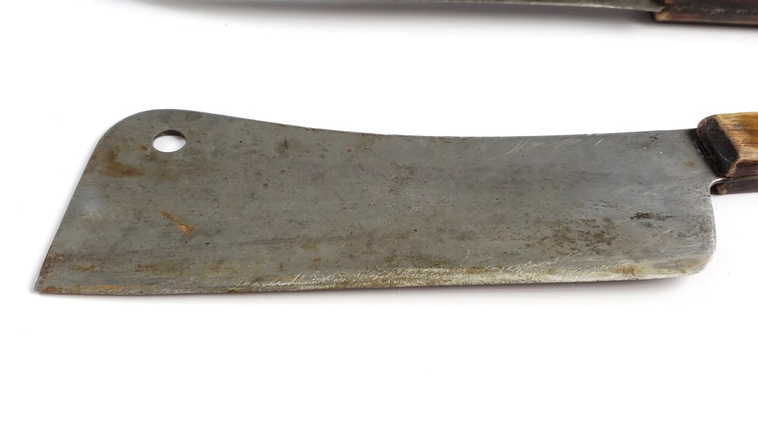 Vintage Carbon Steel Kitchen Knives with Wooden Handles - Cleaver and Carving Knife - 2