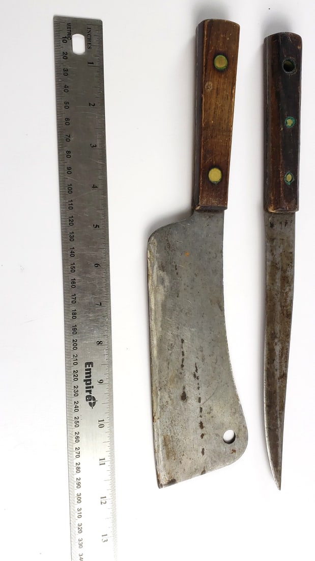 Vintage Carbon Steel Kitchen Knives with Wooden Handles - Cleaver and Carving Knife - 5