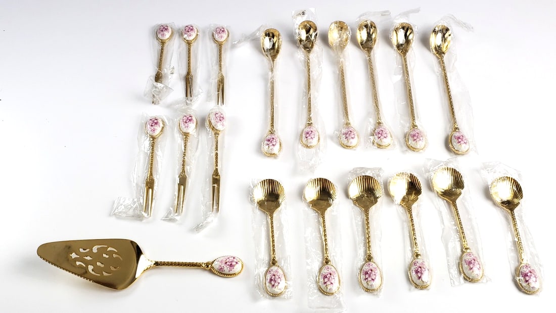 Goldtone Floral Enamel Flatware Set with Cake Server - 18 Pieces: Looks new High Estimate: 90 Height: 6 Width: 6 Low Estimate: 30
