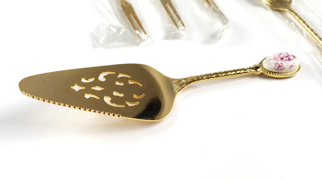 Goldtone Floral Enamel Flatware Set with Cake Server - 18 Pieces - 2