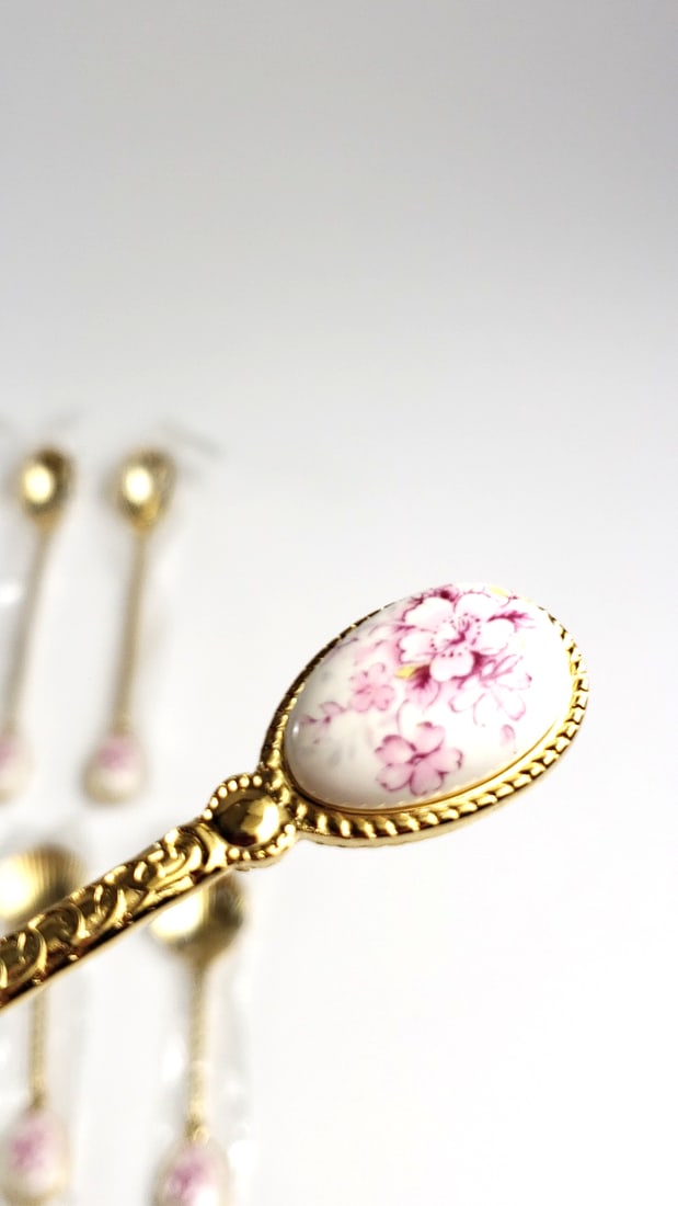 Goldtone Floral Enamel Flatware Set with Cake Server - 18 Pieces - 4
