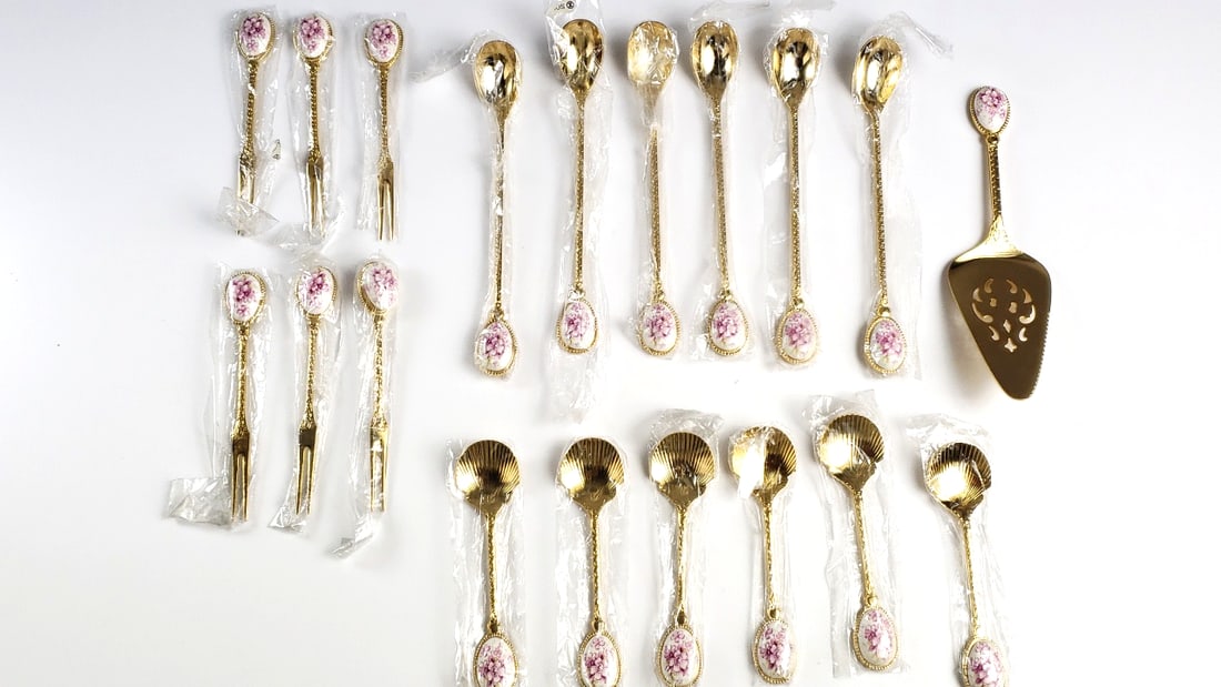 Goldtone Floral Enamel Flatware Set with Cake Server - 18 Pieces - 5