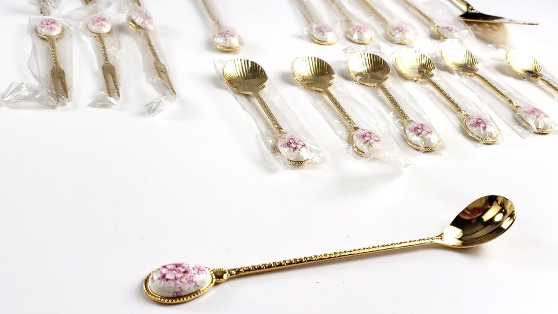 Goldtone Floral Enamel Flatware Set with Cake Server - 18 Pieces - 7