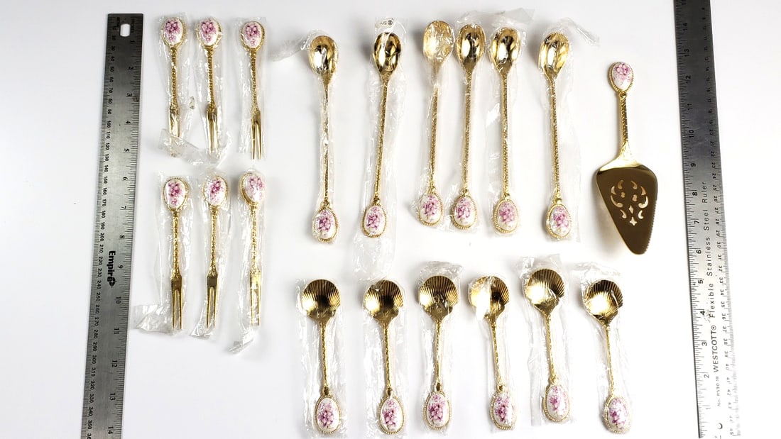 Goldtone Floral Enamel Flatware Set with Cake Server - 18 Pieces - 8