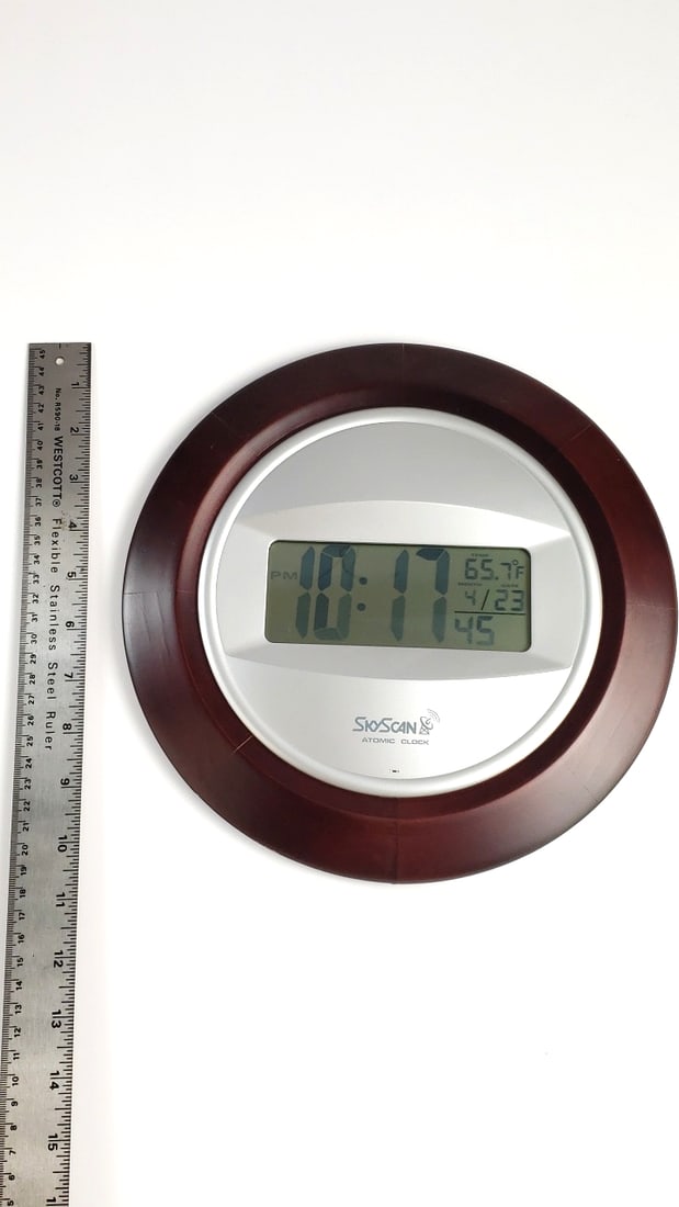 SkyScan 10" Atomic Clock with Temperature Display, Round Wood Frame - 5
