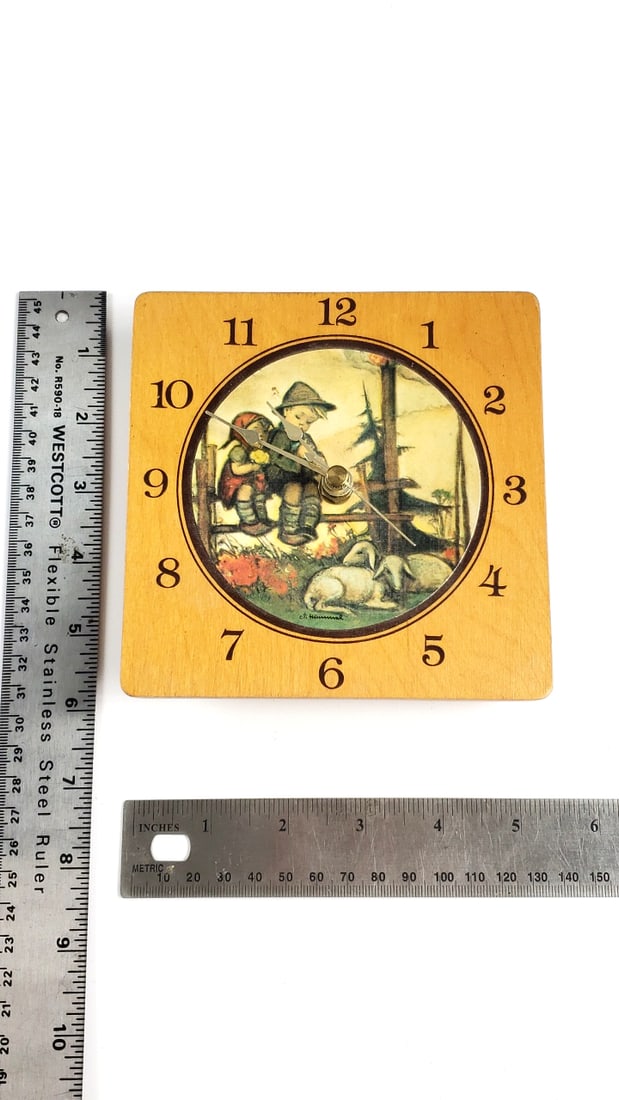 Vintage Wood Clock with Hummel Artwork, Square Design - 5