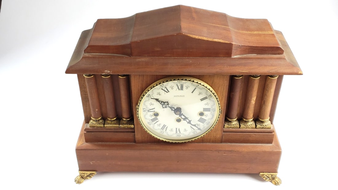 Large Emperor Mantle Clock With Brass Trim / Footings - 341-020 Movement 11 cm, Made in West Germ...: Vintage as is see pics Low Estimate: 50 Height: 12 High Estimate: 300 Width: 7