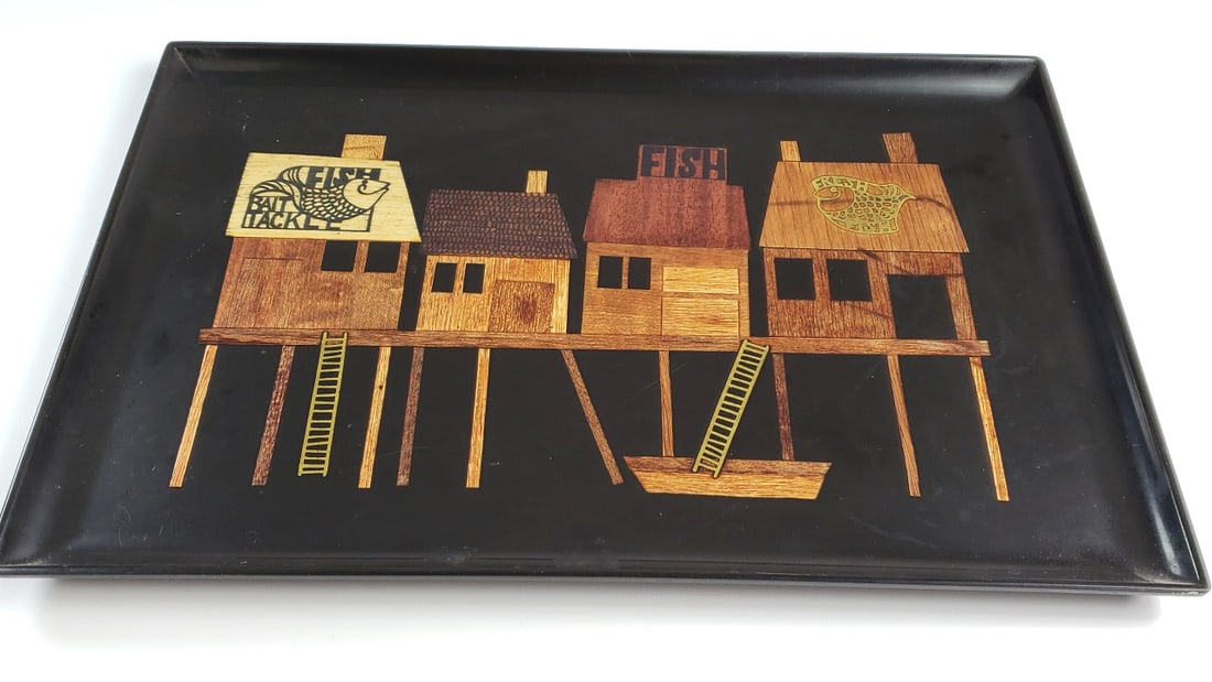 Couroc Handmade Inlaid Serving Piece - Monterey, California - Black Decorative Tray with Stilt H...: Nice High Estimate: 80 Width: 1 Height: 12 Low Estimate: 25