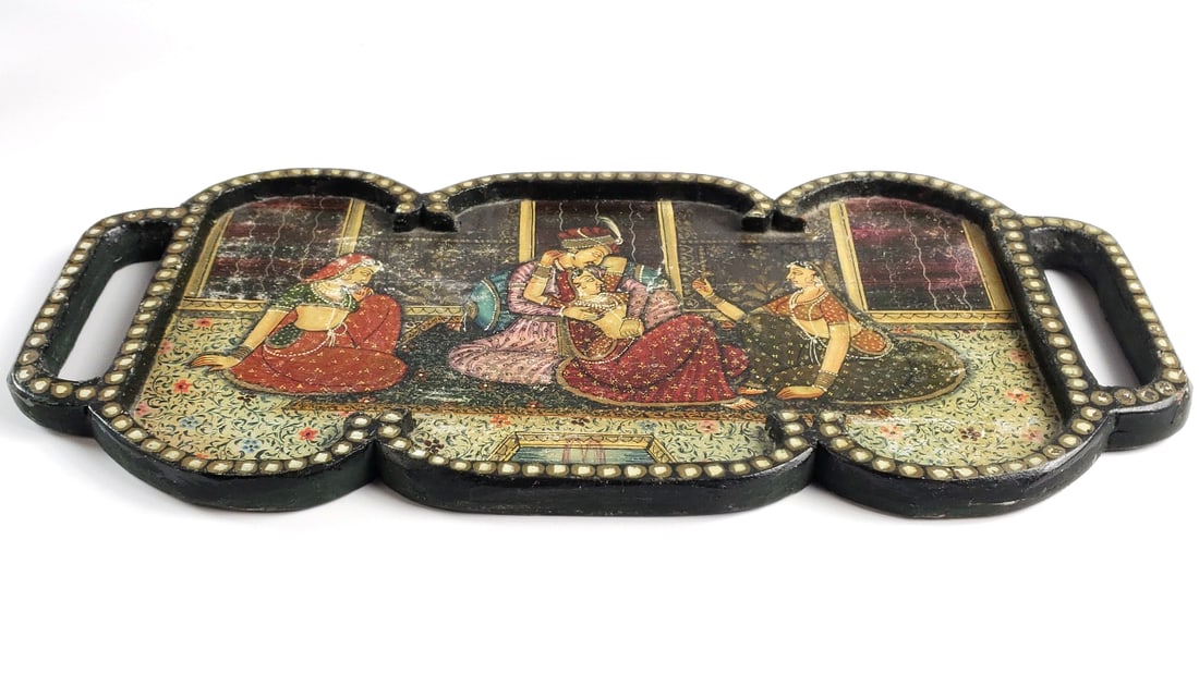 Traditional Indian Painted Decorative Tray with Mughal Scene: Good, some wear see pics Height: 7 Width: 1 High Estimate: 150 Low Estimate: 30