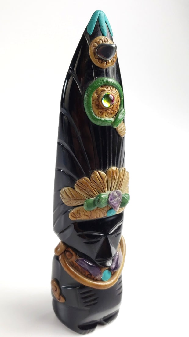 Vintage Stone Tribal-Inspired Figurine with Colorful Accents and Gem-Like Inlays: Great Width: 2 Height: 3 Low Estimate: 25 High Estimate: 250