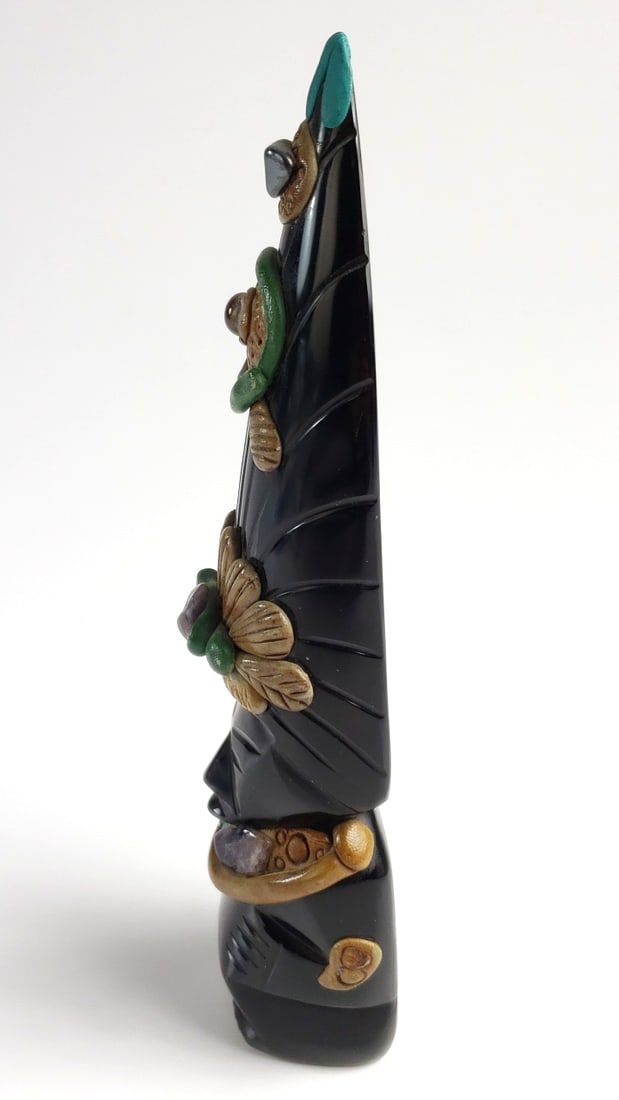 Vintage Stone Tribal-Inspired Figurine with Colorful Accents and Gem-Like Inlays - 3