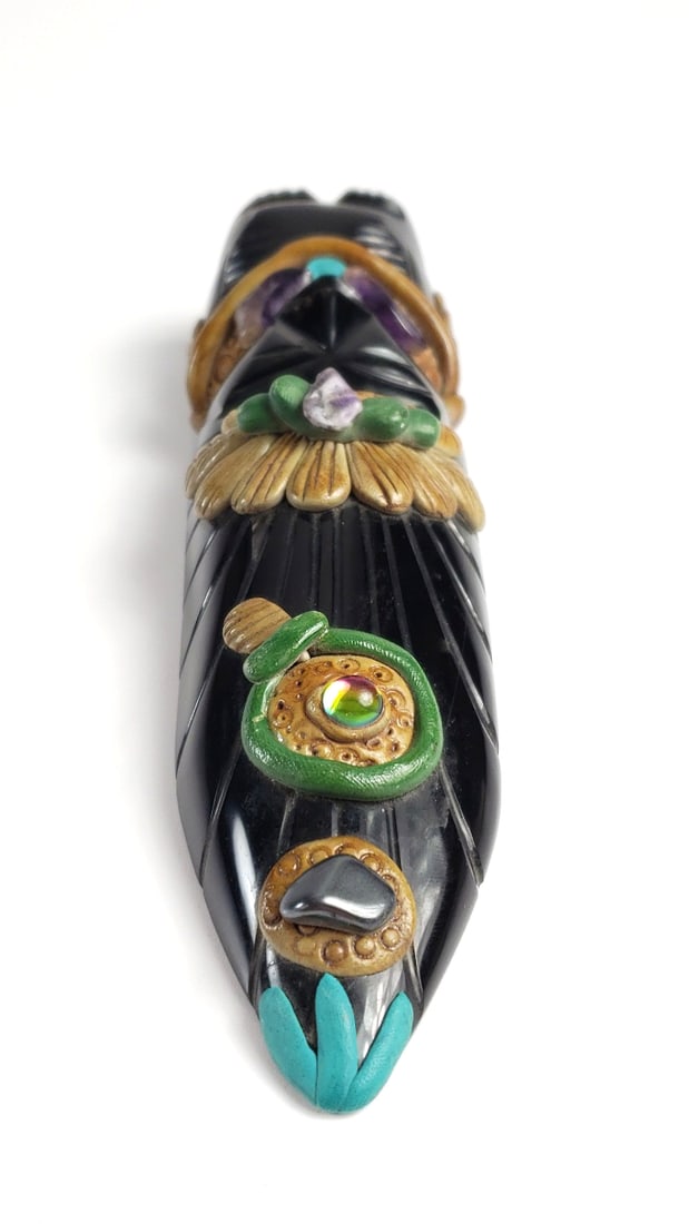 Vintage Stone Tribal-Inspired Figurine with Colorful Accents and Gem-Like Inlays - 5