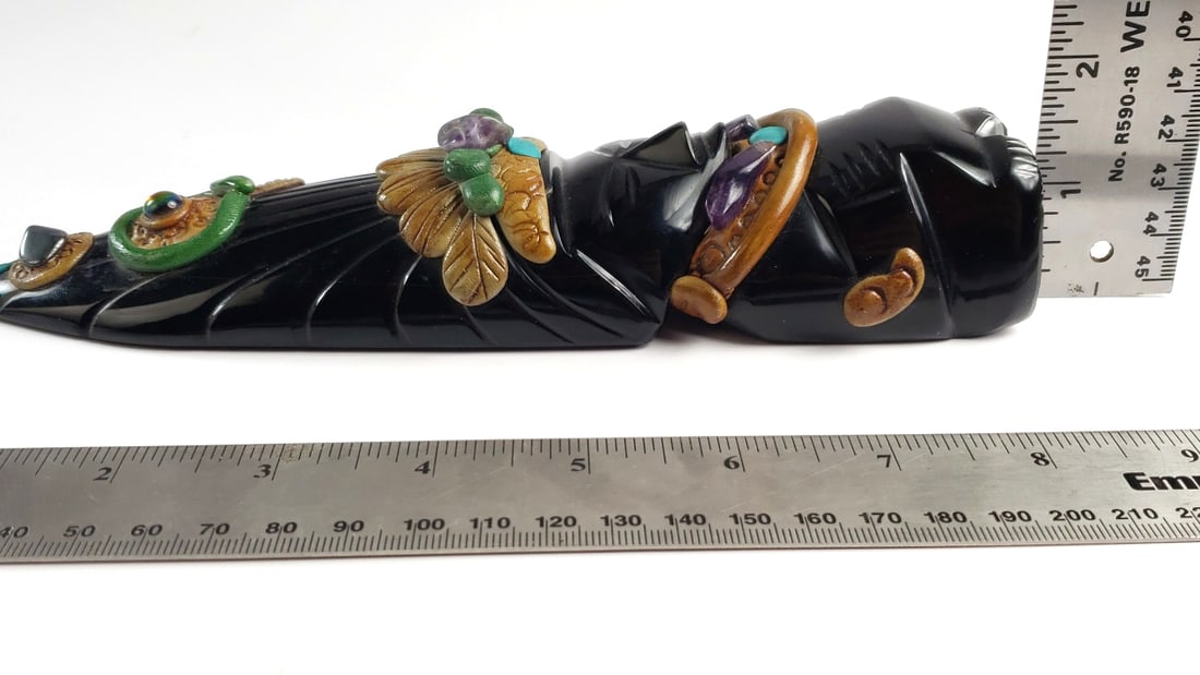 Vintage Stone Tribal-Inspired Figurine with Colorful Accents and Gem-Like Inlays - 6