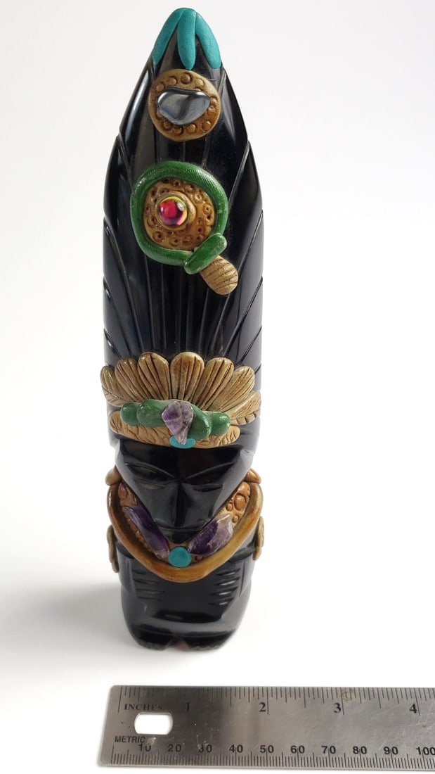 Vintage Stone Tribal-Inspired Figurine with Colorful Accents and Gem-Like Inlays - 7