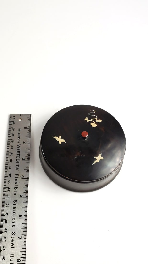 Antique Dark Lacquered Plastic Cast Box with Bird and Plant Design - 5