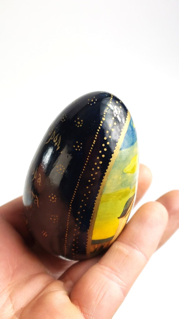 Russian Decorative Egg with Gold Cyrillic Inscriptions, Dark Blue, XIV Century Theme - Hand-Painted - 3