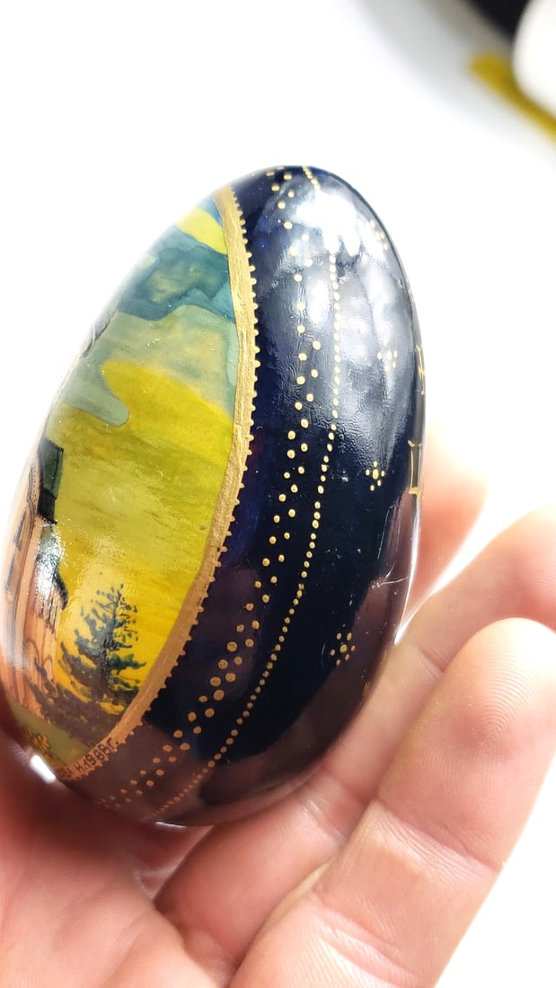 Russian Decorative Egg with Gold Cyrillic Inscriptions, Dark Blue, XIV Century Theme - Hand-Painted - 4