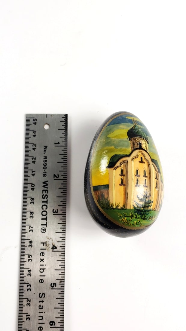 Russian Decorative Egg with Gold Cyrillic Inscriptions, Dark Blue, XIV Century Theme - Hand-Painted - 5