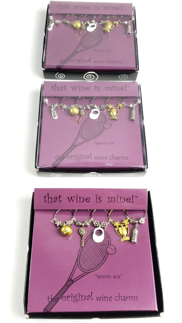 That Wine Is Mine! "Tennis Ace" Wine Charms Set Lot Of 3 New: New Width: 4 High Estimate: 25 Low Estimate: 5 Height: 4