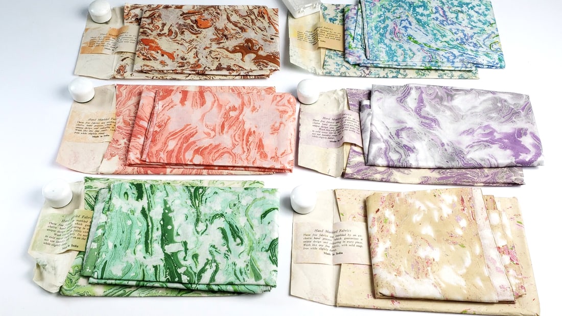 Vintage Lot Of 6 Different Hand Marbled Fabrics "Made in India" - 2