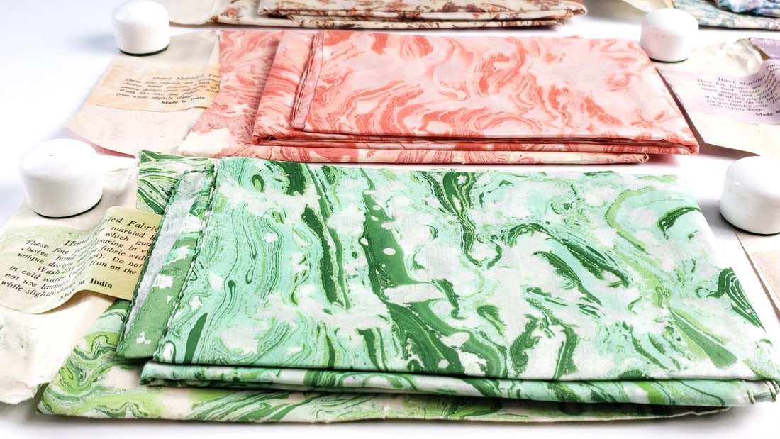 Vintage Lot Of 6 Different Hand Marbled Fabrics "Made in India" - 3