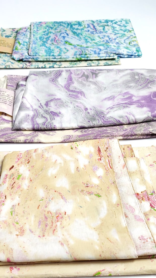 Vintage Lot Of 6 Different Hand Marbled Fabrics "Made in India" - 4