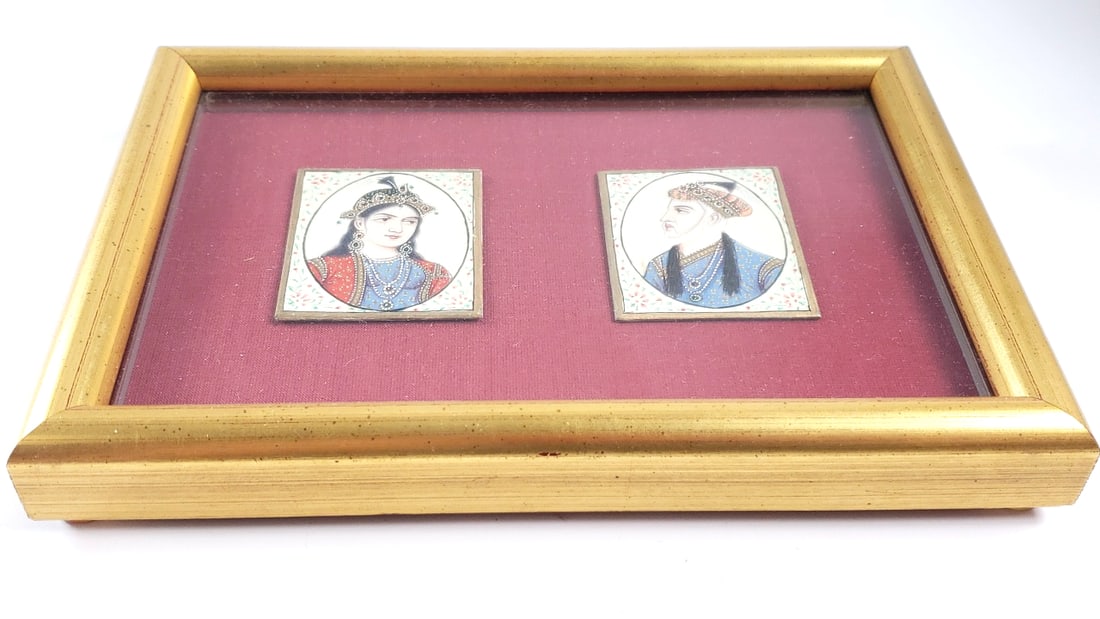 Framed Miniature Paintings of Mughal Royals on Red Background: Great Low Estimate: 50 Height: 5 Width: 1 High Estimate: 1200