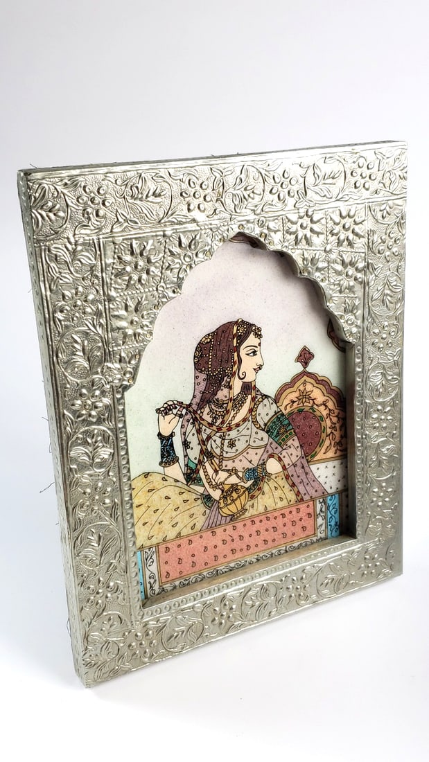 Handcrafted Silver Color Frame with Traditional Indian Real Gemstone Picture 10" x 7": Great Low Estimate: 50 Height: 7 Width: 1 High Estimate: 250
