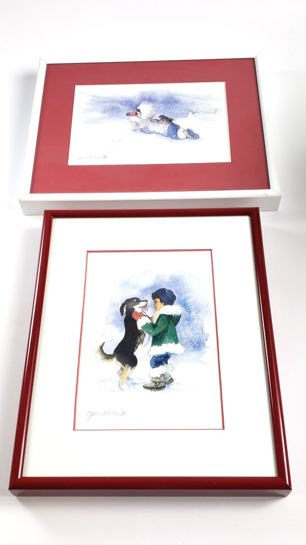 C. Pendleton Metal Framed Watercolor Prints of Child - Dog in Winter Scenes (1 of 6)
