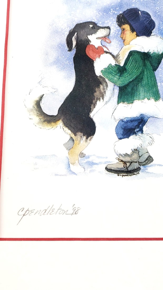 C. Pendleton Metal Framed Watercolor Prints of Child - Dog in Winter Scenes - 2