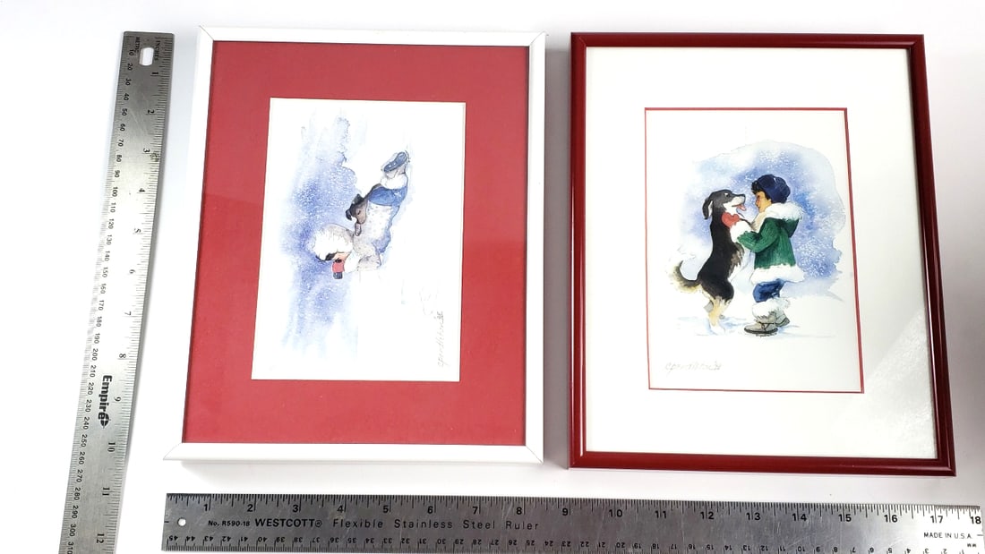 C. Pendleton Metal Framed Watercolor Prints of Child - Dog in Winter Scenes - 5