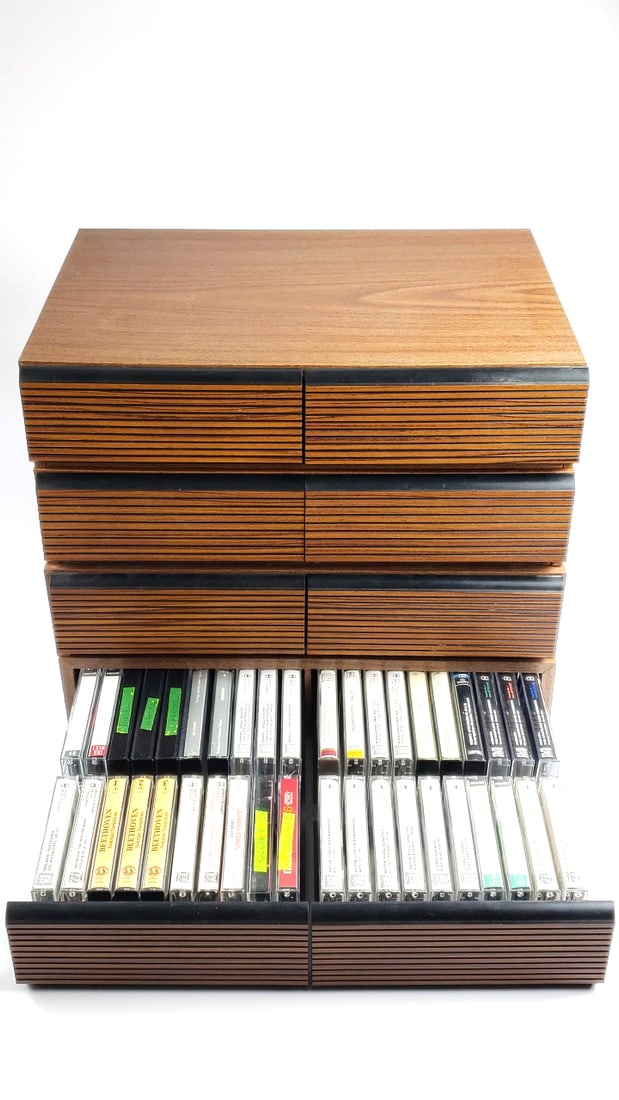 Vintage Wooden & Plastic Cassette Tape Storage Case with Pull-Out Drawers & Cassette Tapes: Good Width: 14 Height: 12 High Estimate: 150 Low Estimate: 20