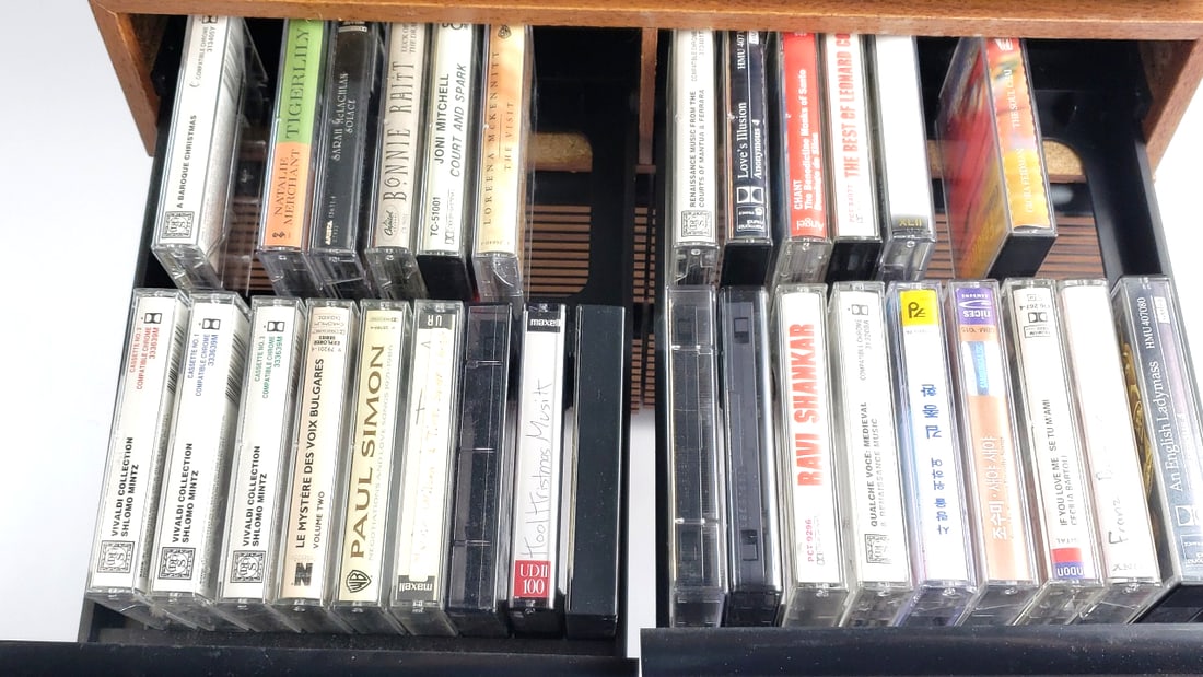 Vintage Wooden & Plastic Cassette Tape Storage Case with Pull-Out Drawers & Cassette Tapes - 4
