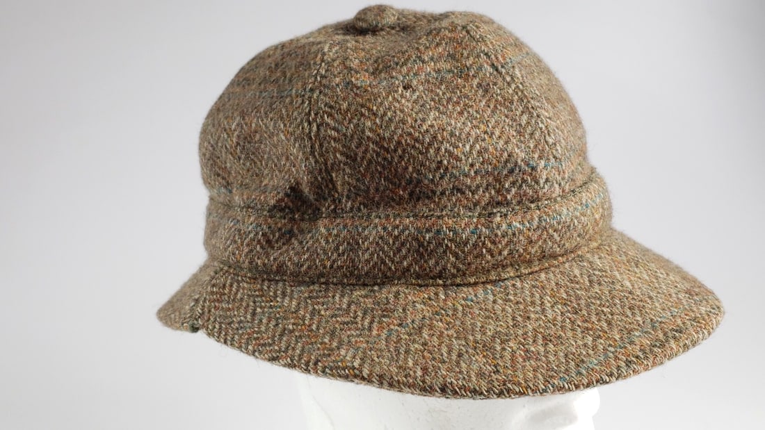 Mystery - Christy's? Tweed Herringbone Hat with Short & Flap Fold Brim Brown Wool: Good, missing label High Estimate: 80 Height: 7 Width: 7 Low Estimate: 30