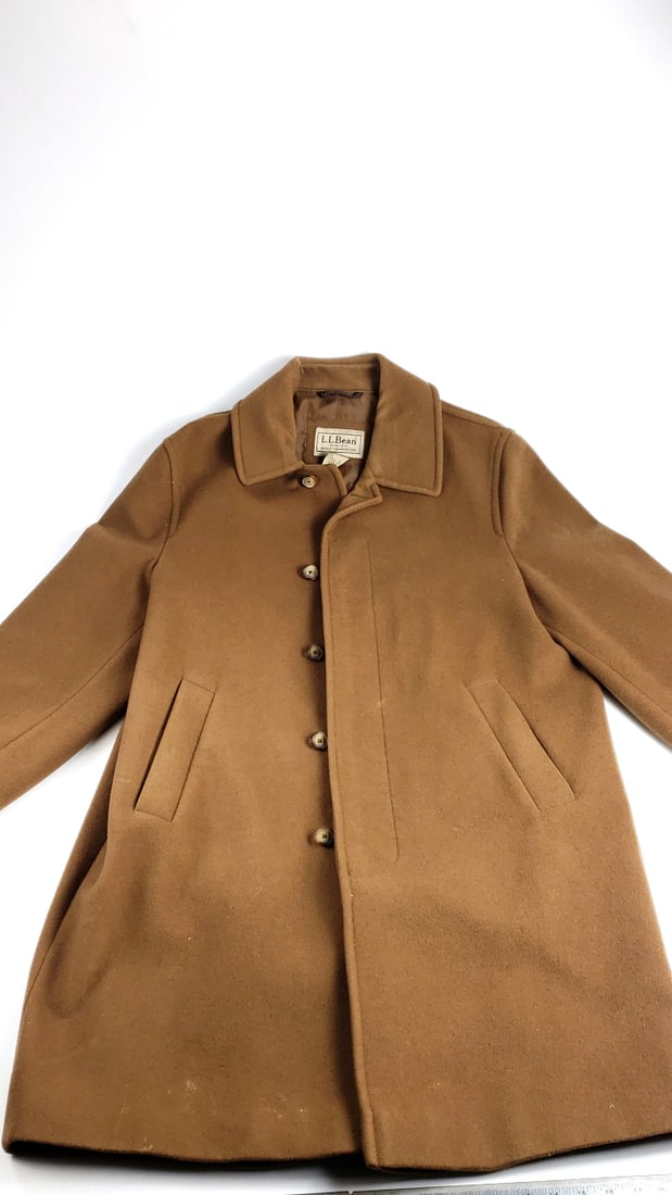 L.L. Bean Tan Wool Long Coat with Button Closure: Good, could use a cleaning Low Estimate: 40 Width: 1 Height: 1 High Estimate: 150