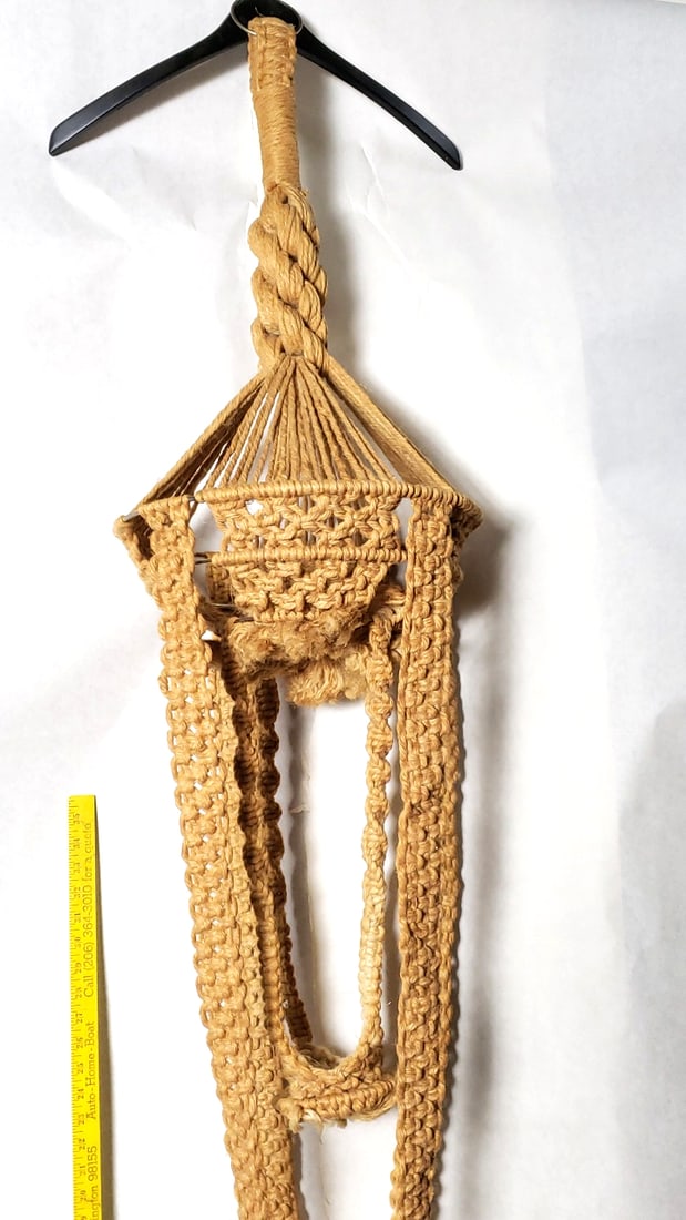 Vintage Handmade Macrame Plant Hanger Beige Cotton Rope - 6 Feet Tall - 10