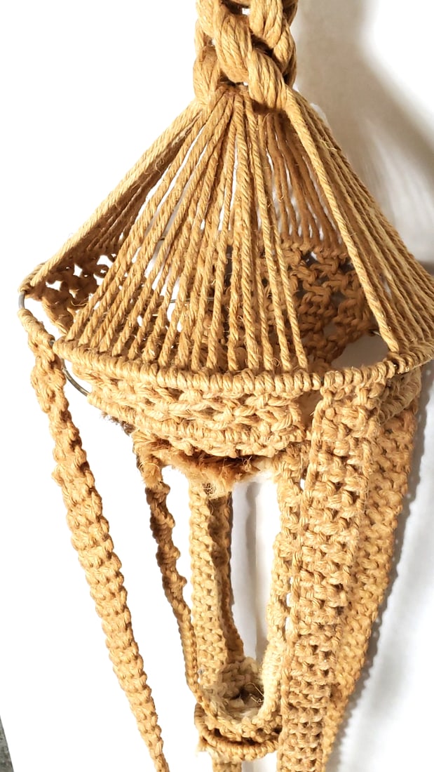 Vintage Handmade Macrame Plant Hanger Beige Cotton Rope - 6 Feet Tall - 2
